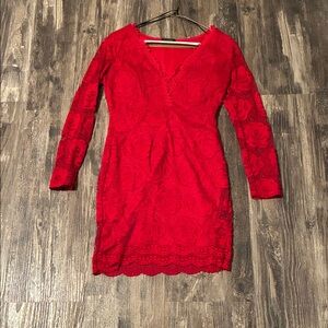 Chic Red Floral Lace Long Sleeve Dress